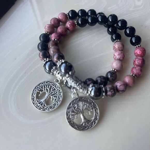 Rose coral jasper rhodonite hematite obsidian tree of life ONE NEW stretch brace - Picture 4 of 16